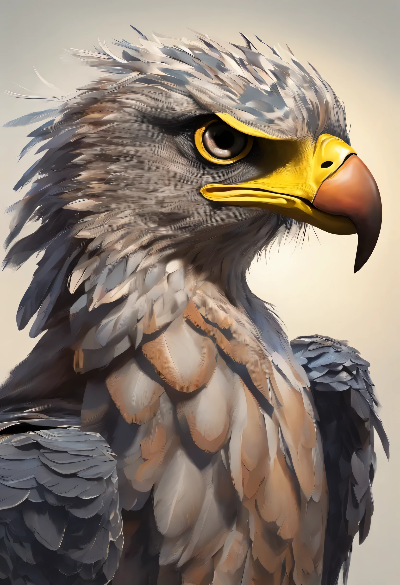 arte splash, A harpy eagle head The harpy's head is imposing, with gray feathers around the neck and a crest of feathers. curved and sharp beak, which varies between shades of gray and black, ((fundo branco)), olhos penetrantes, epic instagram, art-station, estilo splash de tinta colorida, contorno, hiperdetalhado intrincadamente detalhado , Motor irreal, genial, detalhes intrincados, tela inicial, cores complementares, arte conceitual de fantasia, 8K resolution, Obra-prima do deviantart, oil painting, heavy strokes, gotejamento de tinta, artes de salpicos.