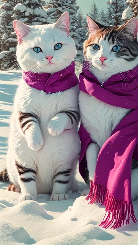 There are two cats sitting in the snow wearing coats, two headed cat, Cute cats, Two cats, Sergey Svyachenko, blanketed in a mantle of snow, sergey zabelin, highly realistic photograph, photography alexey gurylev, alexander abdulov, mitts, identical picture, real-life tom and jerry, Snow, author:Alexei Venezyanov