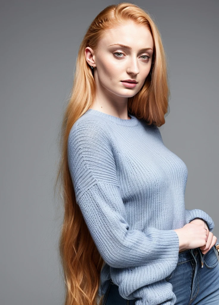Sophie Turner, a woman in a sweater and blue jeans, its a sideprofile and she shows her ass, very small and low ass, high quality, photorealistic, hyperrealistic, full upper body and thighs