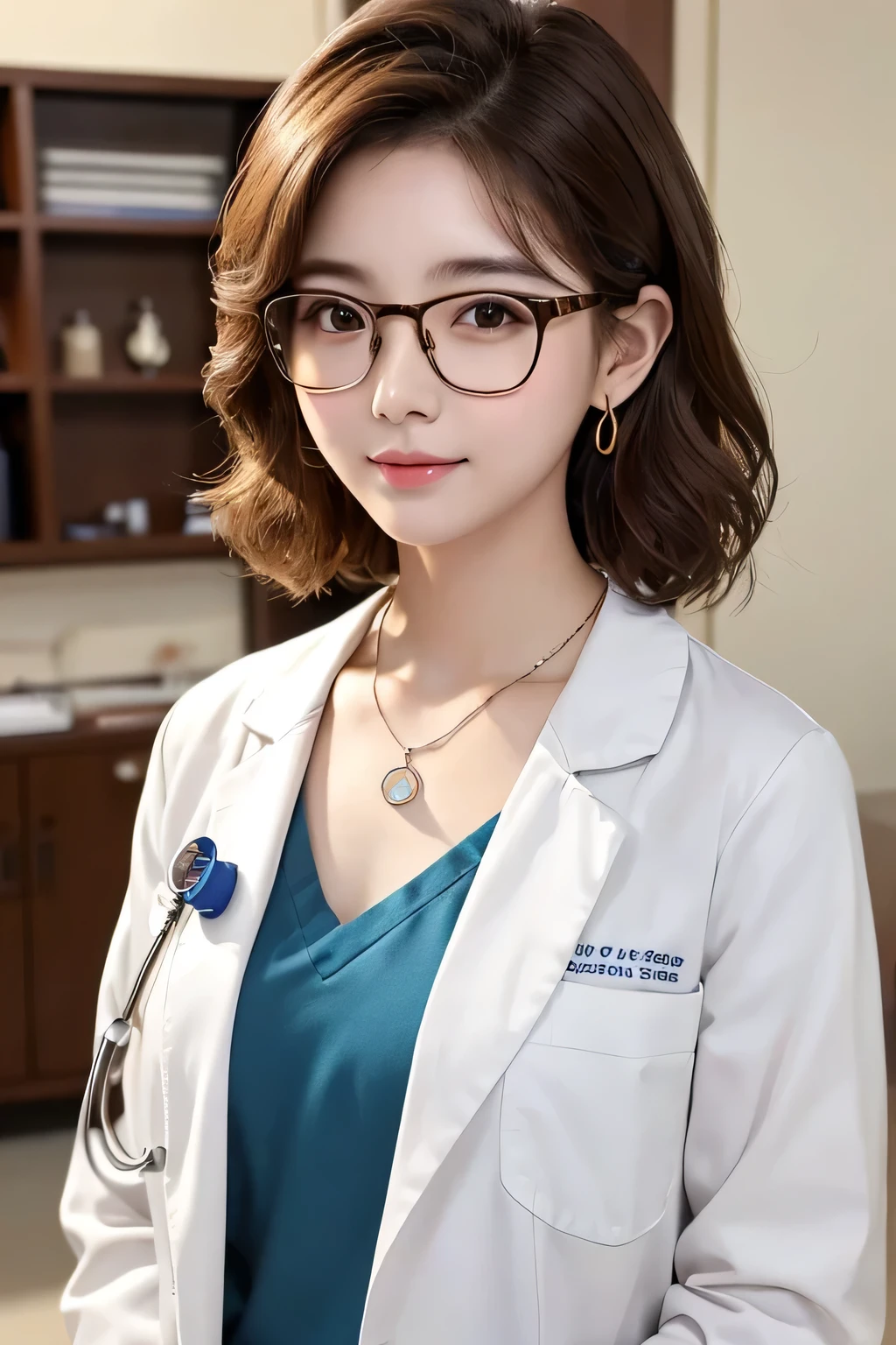 Beautiful young woman、 Korean women、Light brown hair、Necklace around the neck、White、Doctor's clothing、Narrow-rimmed glasses、Stethoscope、Wavy Hair、short hair、Intricate details, Very detailed:1.2), 、 Looking into the camera,The background is the inspection room..、ear piercing