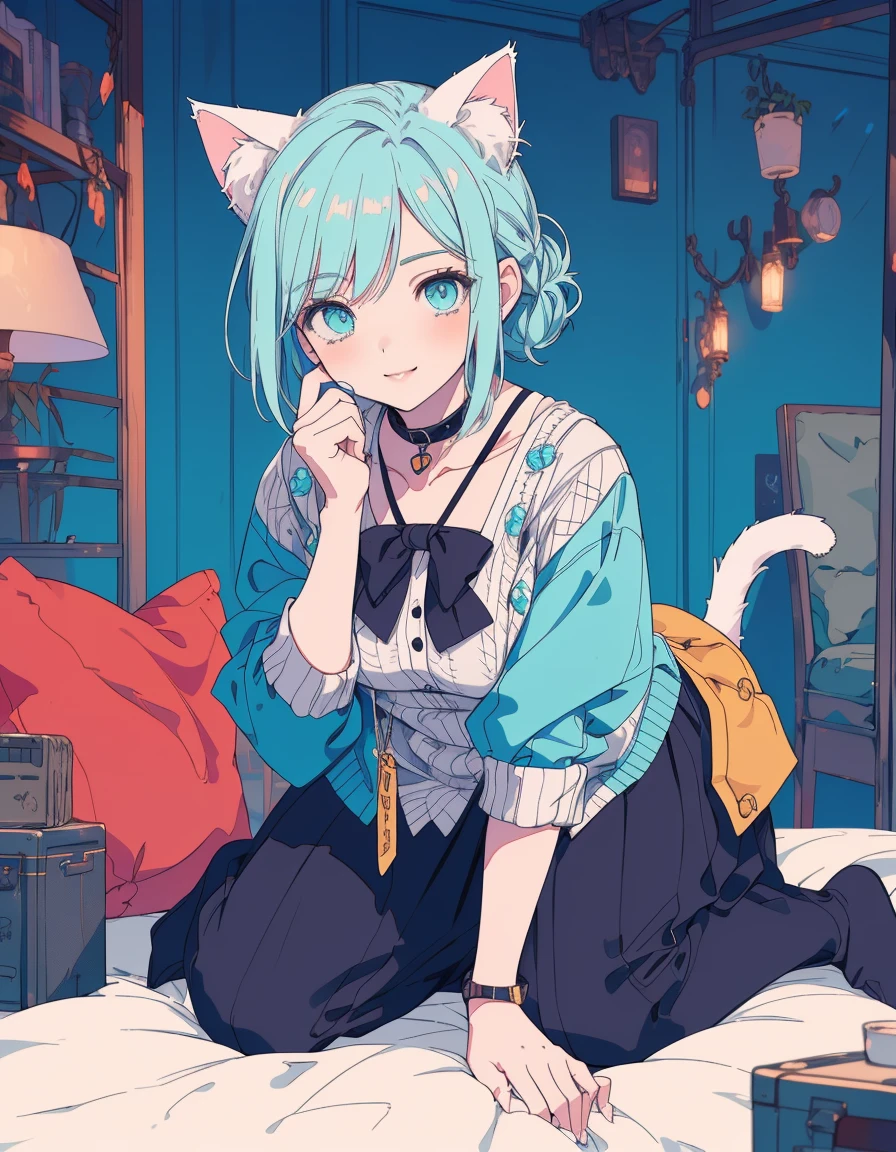 smile, wariza, casual, fullbody, ((masterpiece, best quality:1.5)), ((Beautiful detailed cat aqua eyes:1.2)), cat ears, pale skin, medium breasts, beautiful hands, beautiful fingers, EasyNegative