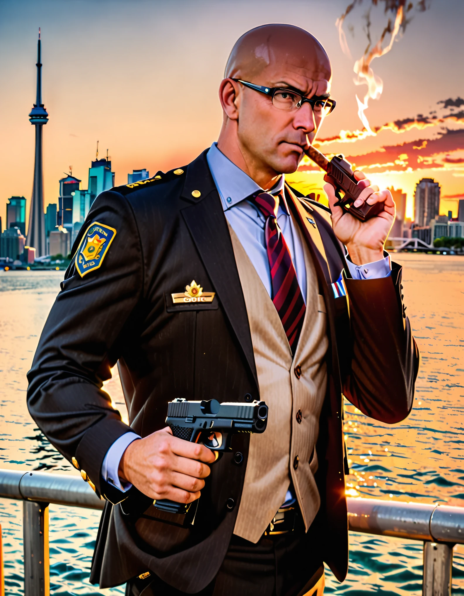 (masterpiece), (best quality), (hires), 1boy, male focus, solo focus, mature adult, age 45, canadian police officer, police captain, smoking a cigar, dark brown suit and tie, loose necktie, opened vest, white vest, bald head with black hair sideburns, dark brown eyes, ((glasses)), (holding Glock17 handgun, finger on trigger), in front of a patrol cruiser, toronto city backdrop, cowboy shot, sunset, serious look on his face.