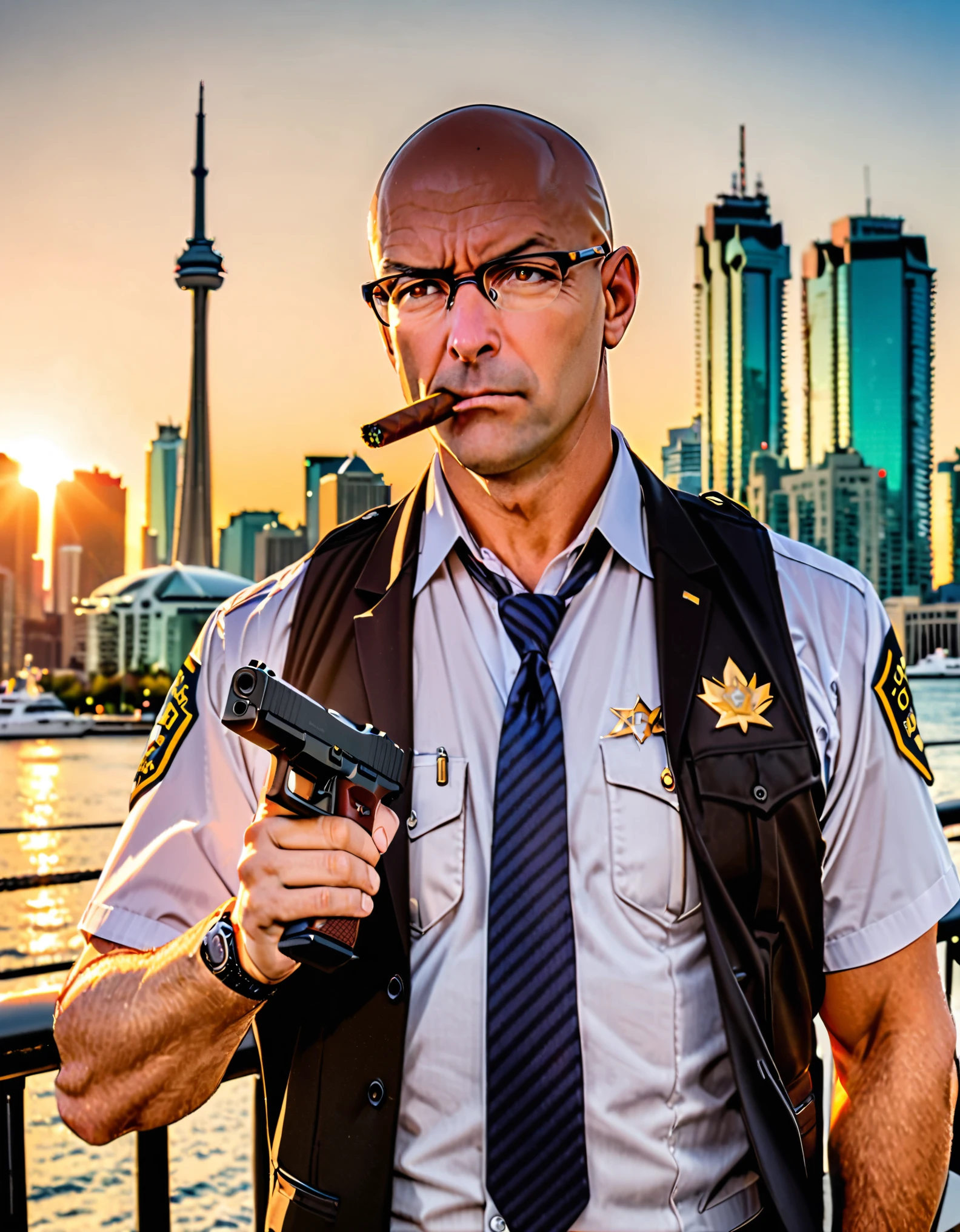 (masterpiece), (best quality), (hires), 1boy, male focus, solo focus, mature adult, age 45, canadian police officer, police captain, smoking a cigar, dark brown suit and tie, loose necktie, opened vest, white vest, bald head with black hair sideburns, dark brown eyes, ((glasses)), (holding Glock17 handgun, finger on trigger), in front of a patrol cruiser, toronto city backdrop, cowboy shot, sunset, serious look on his face.