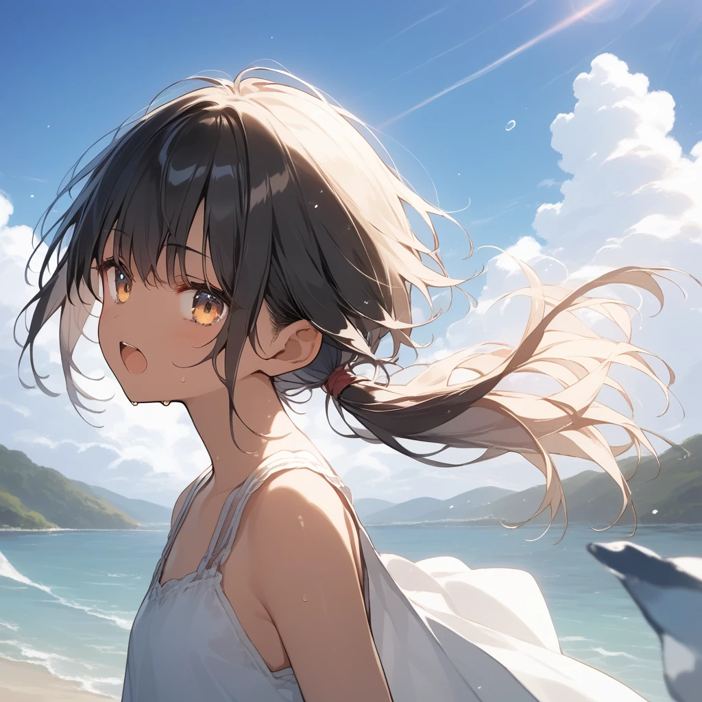score_9, score_8_up, score_7_up, source_anime, best quality, masterpiece, official art, absurdres, highres, ultra-detailed,waifu2x,Collection: Slice of Life,break,1girl, tomboy, dark-skinned female, short hair, low ponytail, flat chest, beautiful detailed eyes, short shorts, sweat, open mouth, (yawn:0.3), sleepily, outdoors, wind, break,(clear line illustration:1.2),very high resolution, very aesthetic, super detailed skin, Best sexual lighting powered by famous artist, 8k,cute picture,beauty illustration,photoshop_(medium),,(Detailed Lighting),best anime 8k konachan wallpaper, pixiv contest winner,