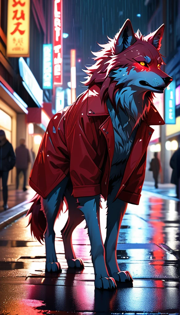 (better detailing, high qualiy), furry wolf, walking around the city, (natta, glittering lights, urban environment), (dynamic framing, fierce expression, Messy hair), (eerie glowing red eyes, detailed coat), (colored spots, wet streets), (focal point on the wolf's head), (bright focus in the eyes).
