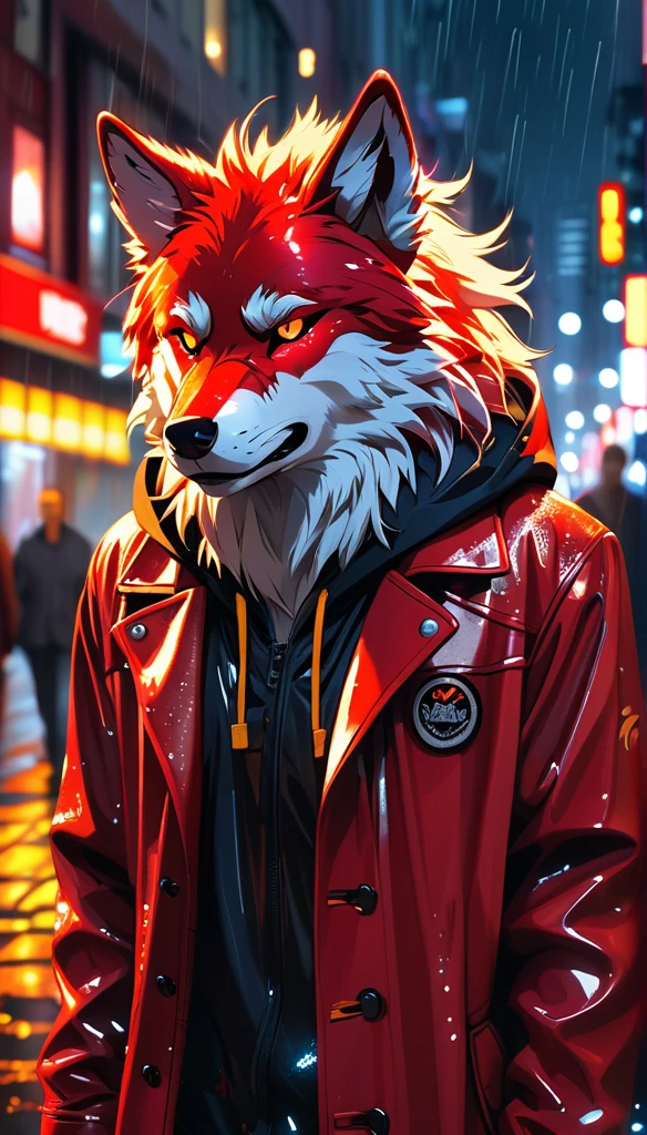 (better detailing, high qualiy), furry wolf, walking around the city, (natta, glittering lights, urban environment), (dynamic framing, fierce expression, Messy hair), (eerie glowing red eyes, detailed coat), (colored spots, wet streets), (focal point on the wolf&#39;s head), (bright focus in the eyes).
