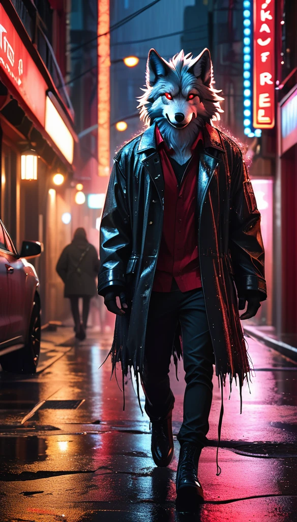 (better detailing, high qualiy), furry wolf, walking around the city, (natta, glittering lights, urban environment), (dynamic framing, fierce expression, Messy hair), (eerie glowing red eyes, detailed coat), (colored spots, wet streets), (focal point on the wolf's head), (bright focus in the eyes).