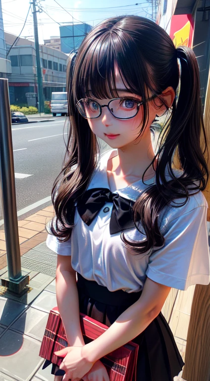 High resolution, Highest quality, super high quality, Very detailed, 8K、Bloomers、Embarrassing、Sweaty、Sweat、Embarrassing、(masterpiece:1.2, Highest quality), (Realistic, photoRealistic:1.4), Beautiful illustrations, (Natural Side Lighting, Cinema Lighting), View your viewers, whole body, 1 Girl, Japanese, high school girl, Perfect Face, Cute and symmetrical face, Shiny skin, Baby Face, (Low twin tails,Black Hair), Hair between the eyes, black eye, Big eyes, Droopy eyes, (Center of chest, Captivating thighs, Big Ass),(Glasses:1.2)