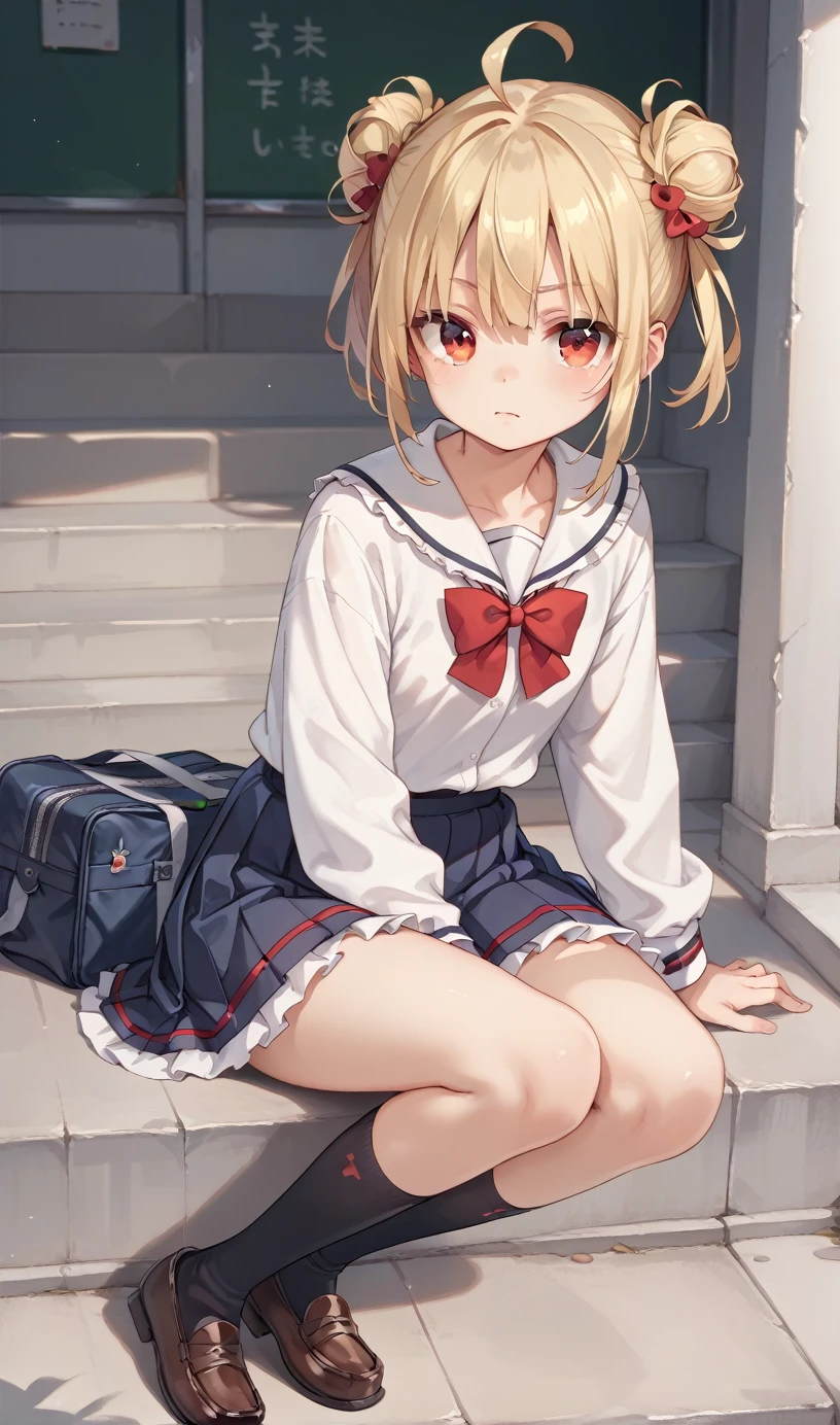 hiyori-default,red eyes,blonde hair, double bun,ahoge,school uniform, red bow,frills,shirt,pleated skirt,frilled skirt, black socks,loafers