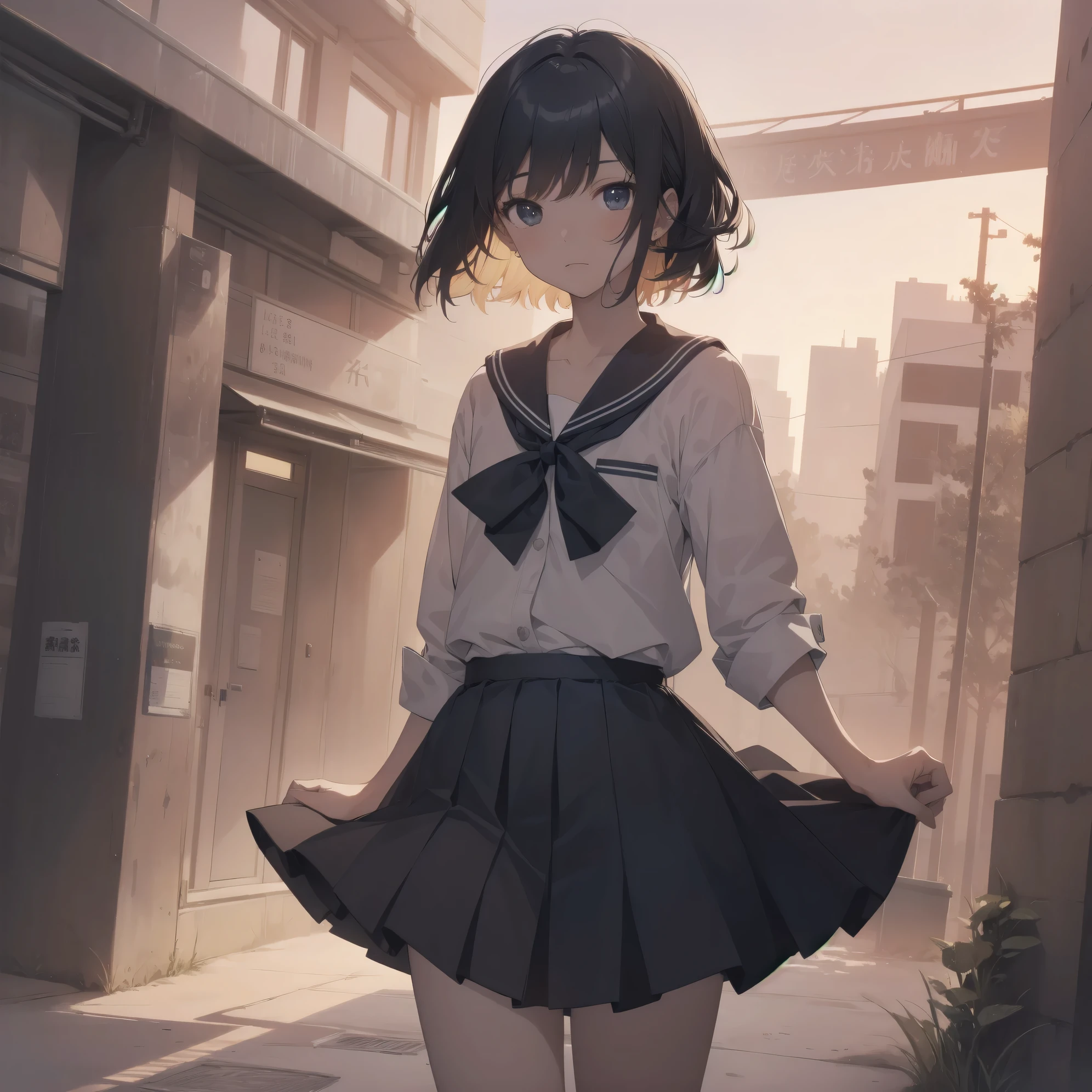 ultra-absurdres-Top quality by artist God, ultra-detailed, high resolution, anime moe artstyle, best anime 8k konachan wallpaper, pixiv contest winner, pool:2810, perfect anatomy,break, 1girl, (Please draw a girl walking sleepily to school alone. )break,(Solo,little female, 13-year-old:1.3),Full limbs, complete fingers,a junior high school student, (very short hair), short cut, flat chest, , small butt, small black eyes, beautiful detailed eyes, well-proportioned iris and pupils, expressive eyes, highres detailed hair, soft expression, salor school_uniform, sailor collar, serahuku, bow, pleated skirt,(Detailed Lighting), (Detailed background), in the School commute route. break,super detailed skin, Best cinematic lighting powered by famous artist, 8k,beauty illustration,photoshop_(medium),very aesthetic,break,((artist:wa_(genryusui) )), artist:clamp ,artist:carnelian ,artist:kantoku ,
