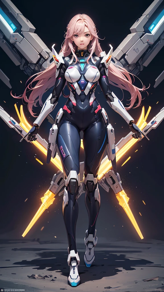 (Perfect Anatomy:1.4,Highest quality、超High resolution、High resolution、Highly detailed CG、8K Unit Wallpaper),((Biologically correct limb count))、(( Full body, including face))、、masterpiece、((Focus on the face))、((Symmetrical facial features))、Eyes with detailed description、Beautiful woman、Excellent style、(thin)、Facial detailing,masterpiece、Vibrant, Imaginary image of a girl in a mecha suit, Fly gracefully across the battlefield of the future. The girl is full of energy, Bright colors contrast with muted hues, The mechanical beauty of the suit. The suit's vibrant colors and intricate details、Sophisticated, Mecha futuristic design. A wide-angle lens is used in the background., Emphasize the dynamic nature of the scene. wide aperture, High resolution, telescope lens