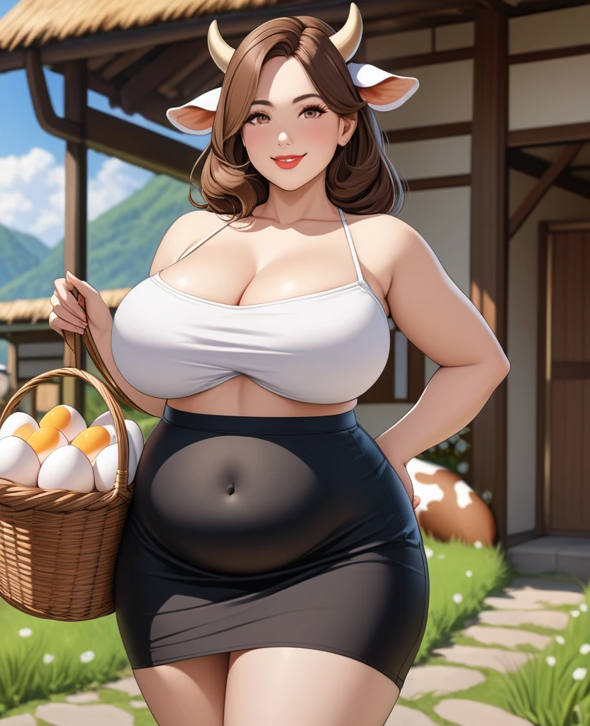 Masterpiece, hi res, absurdres, Best Quality, 4K, 8K, detailed, Mature female , curvy, Big ass, thick,tall,Brown hair,cow horns,cow ears,cow tail, smiling, prominent lips, holding a basket full of eggs , knew length skirt,belly