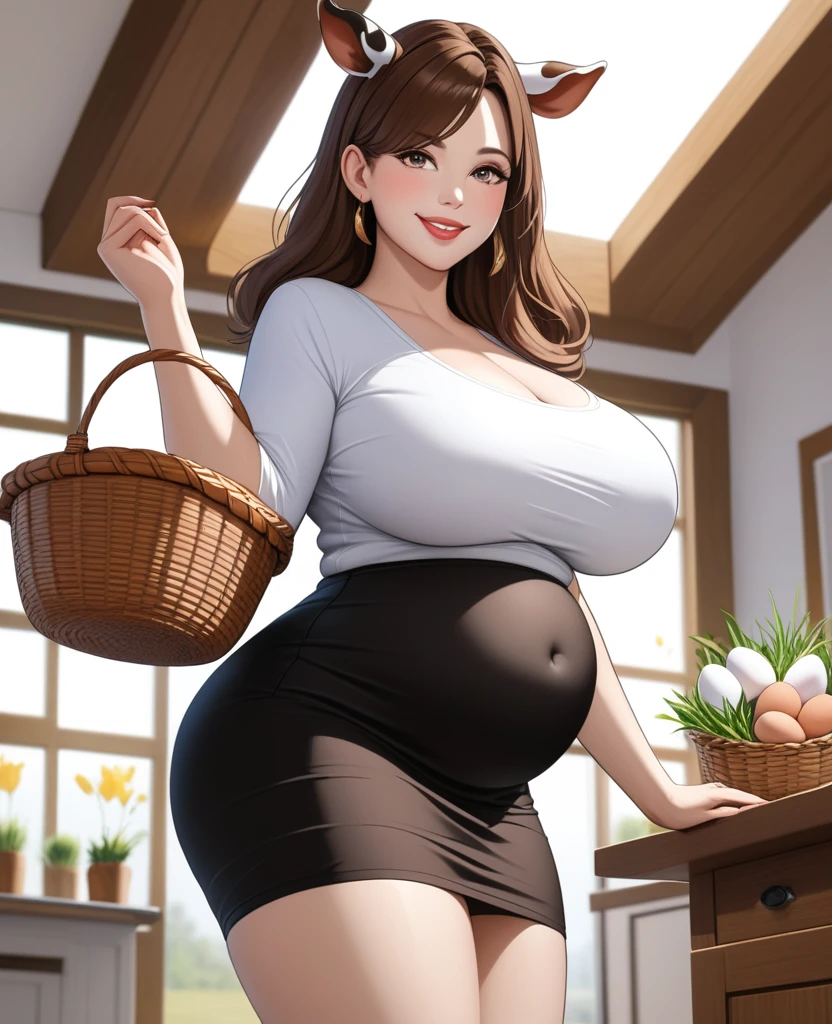 Masterpiece, hi res, absurdres, Best Quality, 4K, 8K, detailed, Mature female , curvy, Big ass, thick,tall,Brown hair,cow horns,cow ears,cow tail, smiling, prominent lips, holding a basket full of eggs , knew length skirt,belly