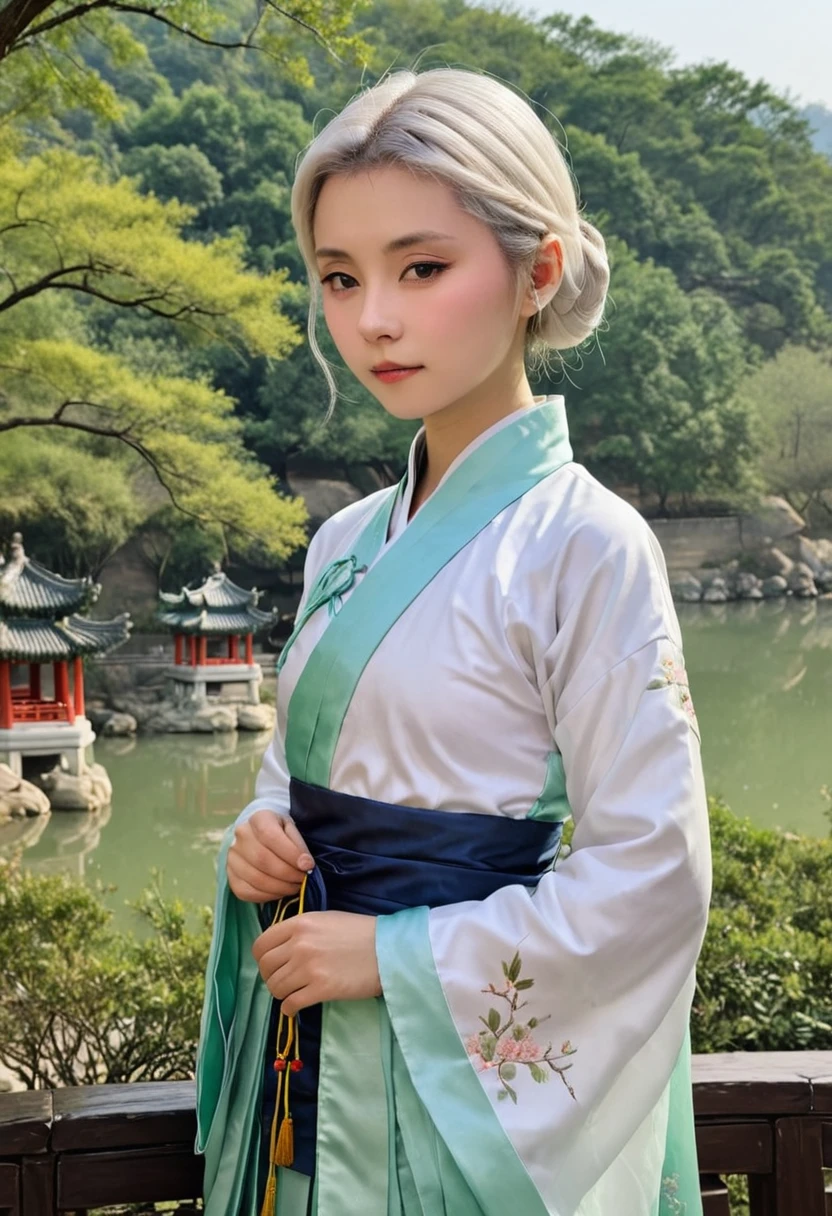 A realistic image of a middle school-aged girl wearing traditional Chinese hanfu, with white short hair, petite figure, standing in a serene outdoor setting, realistic style, highly detailed
