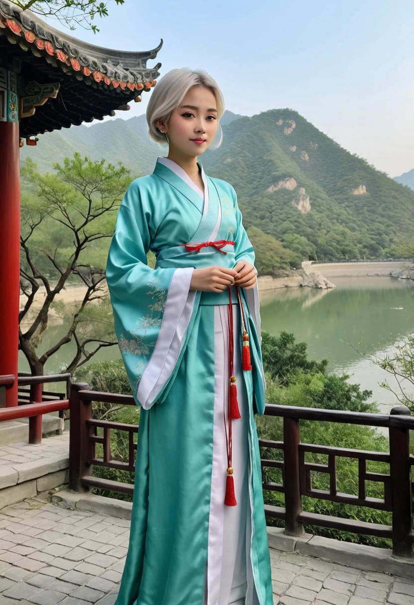 A realistic image of a middle school-aged girl wearing traditional Chinese hanfu, with white short hair, petite figure, standing in a serene outdoor setting, realistic style, highly detailed
