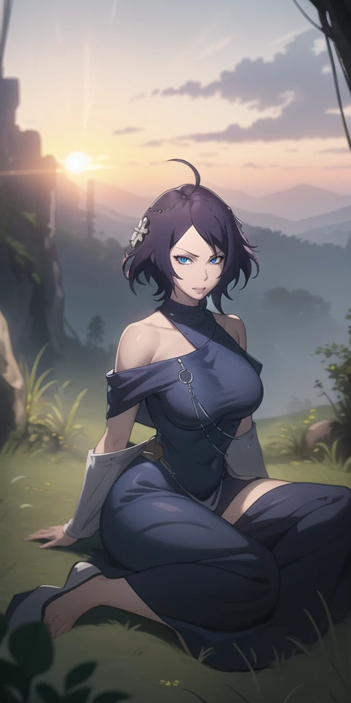 MC, ahoge, (long hari, purple hair:1.3), hair ornament, dark-blue eyes, breasts, epic art, fantasy, 1girl, grass, solo, barefoot, sitting, breasts, mountain, sunset, dress, bare_shoulders, outdoors, looking_at_viewer, off_shoulder, field, sky, lake, collarbone, mountainous_horizon, indian_style, twilight, tree, black_dress, large_breasts, scenery, medium_breasts, feet, off-shoulder_dress, (bokeh:1.3), rock, hollow eyes, bright pupils, dark-blue eyes, looking at viewer. (glowing eyes:1.3), heavy breathing, smirk, upper teeth,