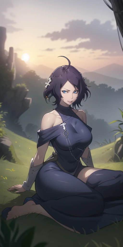 MC, ahoge, (long hari, purple hair:1.3), hair ornament, dark-blue eyes, breasts, epic art, fantasy, 1girl, grass, solo, barefoot, sitting, breasts, mountain, sunset, dress, bare_shoulders, outdoors, looking_at_viewer, off_shoulder, field, sky, lake, collarbone, mountainous_horizon, indian_style, twilight, tree, black_dress, large_breasts, scenery, medium_breasts, feet, off-shoulder_dress, (bokeh:1.3), rock, hollow eyes, bright pupils, dark-blue eyes, looking at viewer. (glowing eyes:1.3), heavy breathing, smirk, upper teeth,
