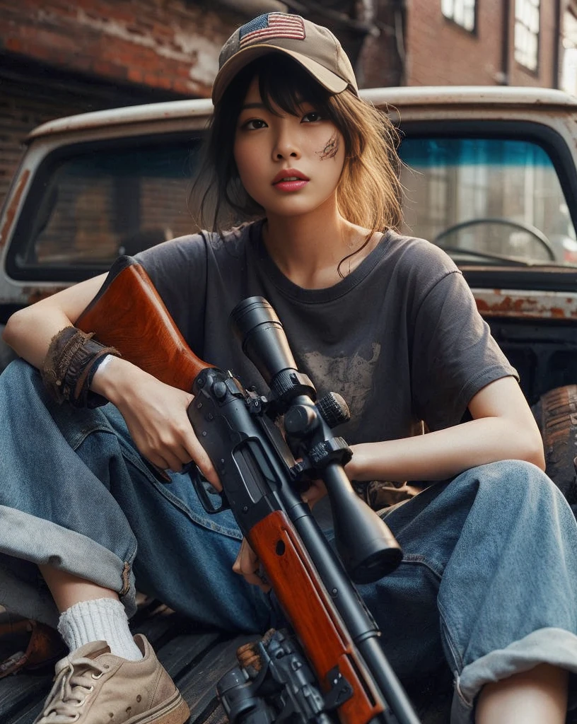 8K,Realistic Photo、Realistic Skin Texture、Superrealism、Japanese woman living in America、Operation、In a mid-sized American city、Old brick building、mortar、Loose Fit T-Shirt、Denim pants、Dirty sneakers、Hunting rifles、Dirty alley、Baseball Cap、Crouched in the bed of an old pickup、Natural pose、Innovative composition