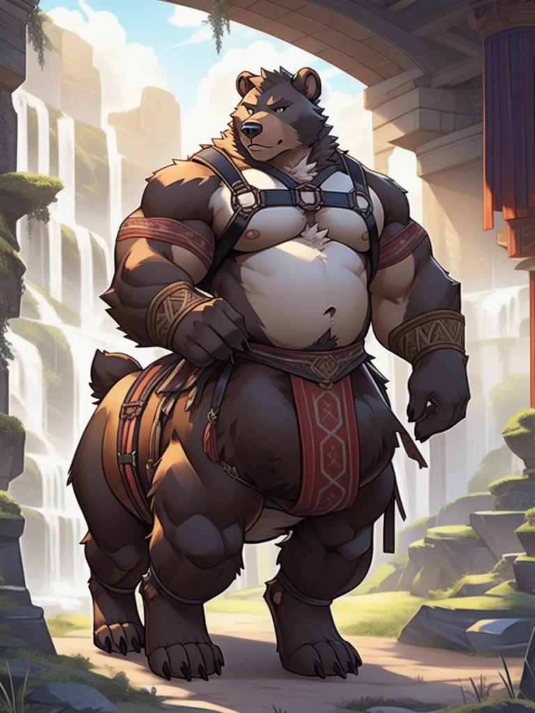 warrior, brown bear, furry, fur taur, beartaur, detailed face, bear ears, bear nose(black), detailed hands, detailed body belly, muscle belly, chest harness, detailed taur body, bear paws, warrior outfit, nude,