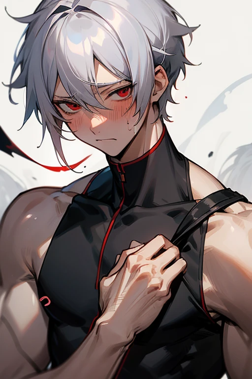 male、Gray Hair、Gray Hair、short hair、Red Eye、冷血なmale、good looking、Cold Face、Well-formed face、Well-built、clumsy、clumsyながらも愛を伝える、whisper、Embarrassing、Sweat、Burn、blush、confusion