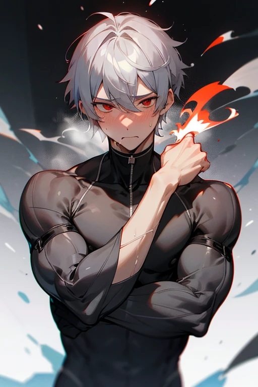male、Gray Hair、Gray Hair、short hair、Red Eye、冷血なmale、good looking、Cold Face、Well-formed face、Well-built、clumsy、clumsyながらも愛を伝える、whisper、Embarrassing、Sweat、Burn、blush、confusion