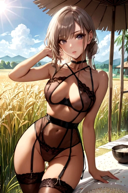 a woman in sexy clothes looking at viewer with rice in hot weather