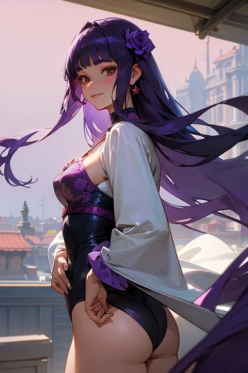 Face close-up、1 Girl, Blunt bangs, Wide sleeves, hair ornaments,Swimwear、(Purple Hair:1.2), Very long hair, Straight hair, Looking at the audience, Highly detailed background, (Realistic:1.2), Beautiful Eyes, Red eyeshadow, Written boundary depth，thigh, (Urzan-6500:0.7), Upper Body, (alone:1.2), Cleavage, Shiny skin、Hair blowing in the wind、Four fingers, One thumb、Rose、Floral pattern on clothes、drink alcohol、Keep your hands on your hips、Face close-up、close、Stick your butt out、Laugh gently、Swimwear、A kind smile、front、Rooftop、