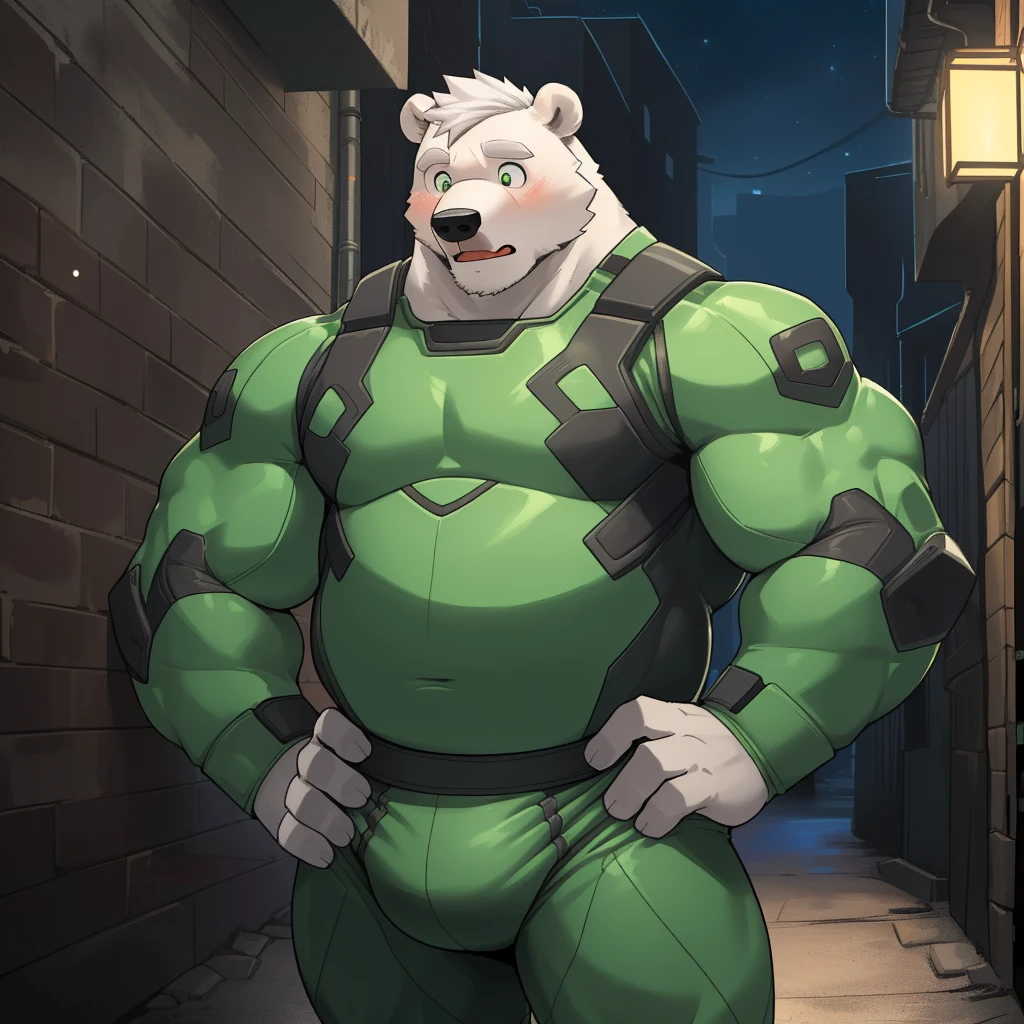 masterpiece, best quality, 8k resolution, Very detailed, hairy，(((Polar Bear))，(((Mature)))，(((Father))),(((Strong)))，(((White hair)))，portrait，(((White hairall over body)))，(((With orange)))，(((outdoor)))，For the audience，(((Light Green Hero Bodysuit)))，Highest quality scenes，solitary，(((whole body)))，(((Hands on hips)))，(((Alley)))，(((surprise)))，((Fat-wrapped muscles))，(((Father)))，(((Round Face)))，(((Solitary)))，(((Strong body)))，(((Bulging buttocks)))，(((Night)))