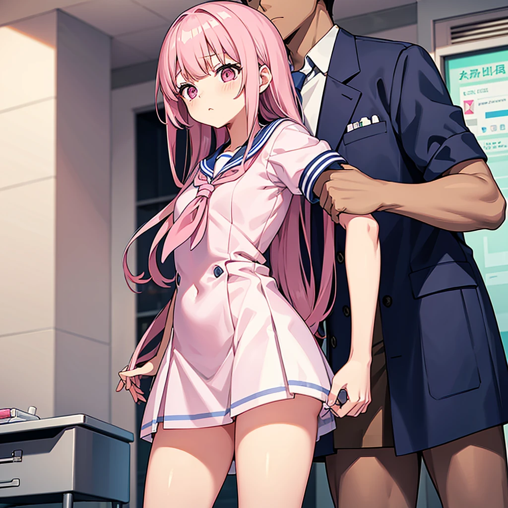 A pink-haired high school girl in a sailor uniform receives a vaccination、The man grabbed his arm、Take the syringe and stick it into your upper arm.。.