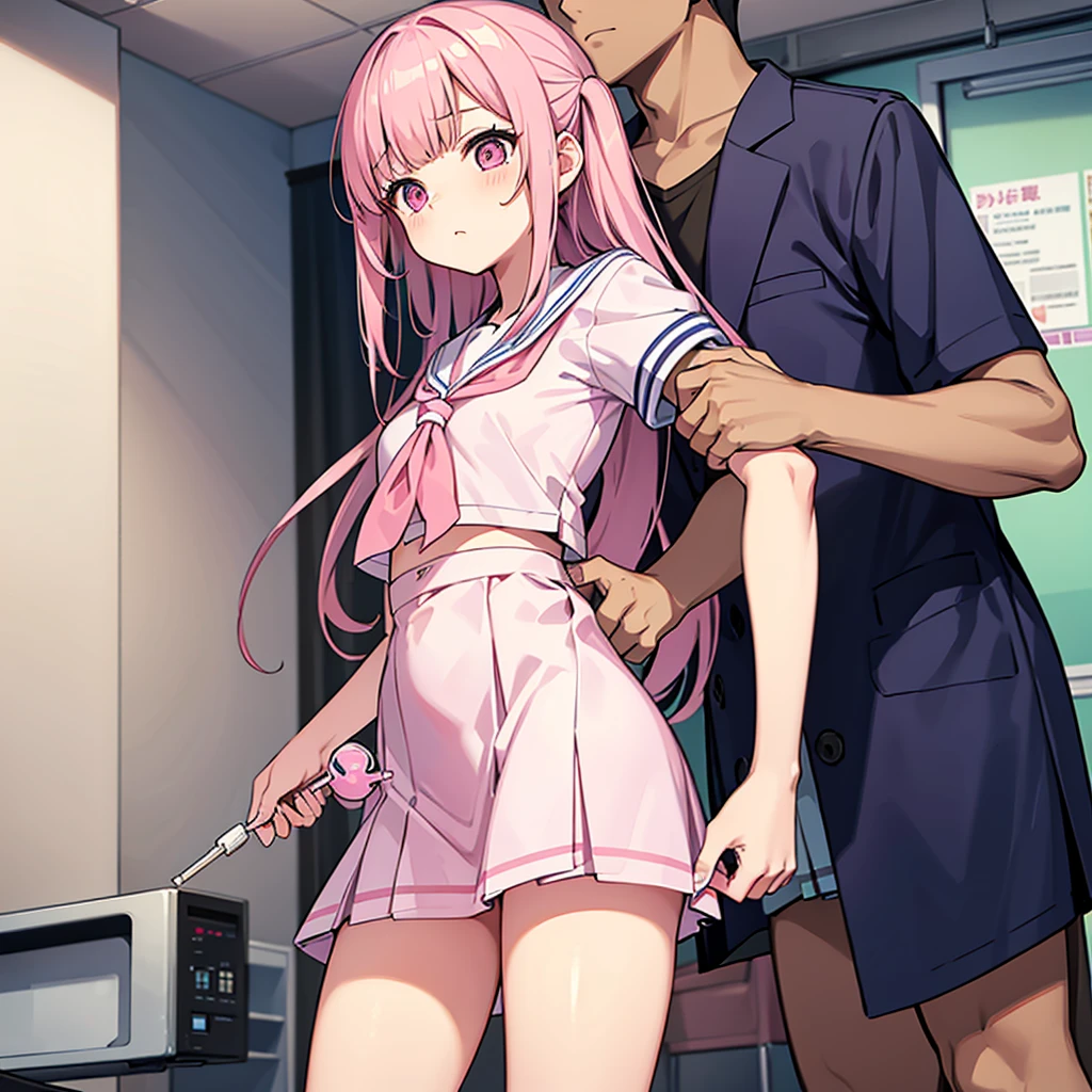 A pink-haired high school girl in a sailor uniform receives a vaccination、The man grabbed his arm、Take the syringe and stick it into your upper arm.。.