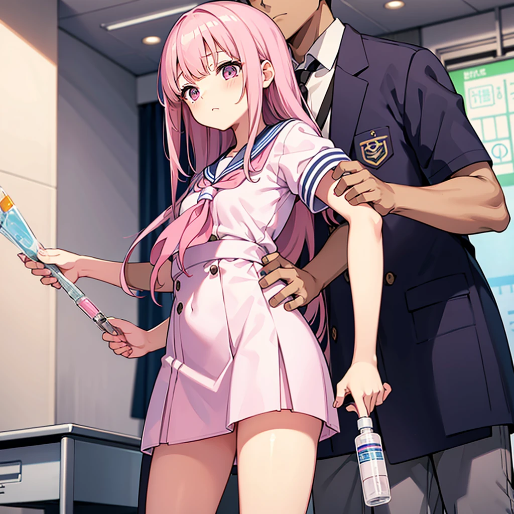 A pink-haired high school girl in a sailor uniform receives a vaccination、The man grabbed his arm、Take the syringe and stick it into your upper arm.。.