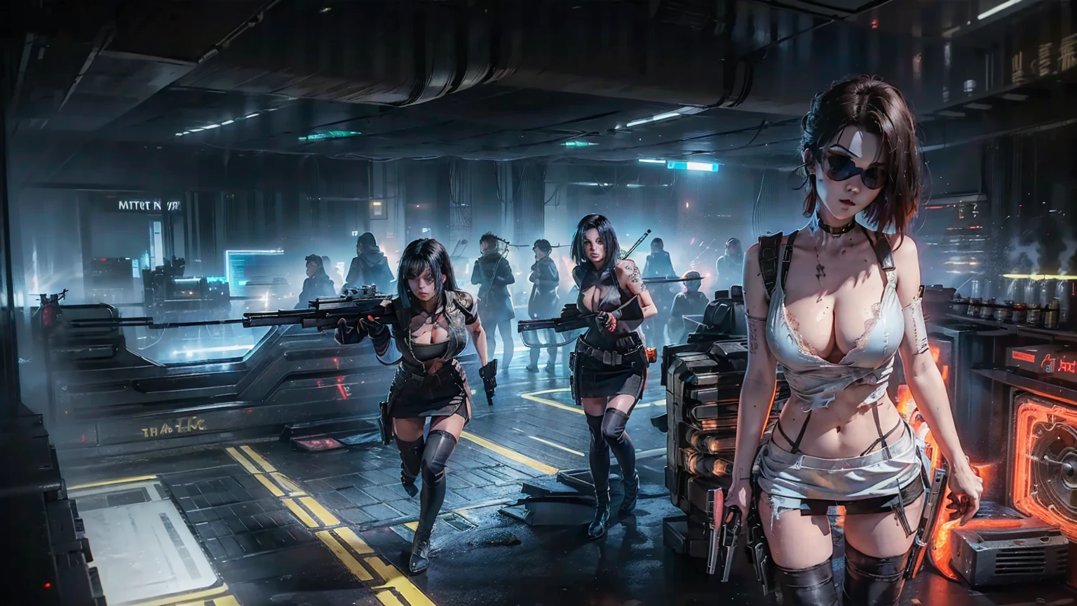 Close-up, a beautiful French woman, tattered clothes, wild long hair, tattered clothes , cleaveage, action movie scene, Dystopian Dinner Cinematic Blade Runner, natta, busy with neon signs, blade runner aesthetics, film cinematography, gangue trash, attractive person, High emphasis on detail, wearing weather technology equipment, gangue trash, full of life, gangue trash, action movie shot by Kon Satoshi, style semi impasto, dark ink, Atmospheric, Ablaze, lighting dramatic, Beautiful eyes, symmetric eyes, perfects eyes. Matrix style, (((Matrix cascading code))), (((a futuristic twin tower skyscraper with a unique twisted design))), (((OLED GUI interfaces in the building))), at night, (((((((1girl, alone, solo))))))), photo realistic, (((((((large-breast:1.2 slim body, cleavage:1.4))))))), (((((off broken mini sling-shirt and black sling bra, extreamly short pleated miniskirt exposing panty))))), (((((running pose))))), (((((((matrix style black micro sunglasses))))))), ((((((((((aiming with a short gun)))))))))), (((((looking at camera))))), (((very low view))), (((((half-body thigh level medium shot))))), (((cinematic lighting))).