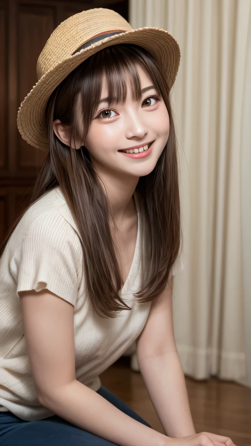 closeup shot , Best picture quality (8K, high resolution, Masterpiece: 1.2), super detailed,  215 Short Hair, 16-year-old woman, 

situation: While searching for treasure in an old mansion、A scene where the treasure chest you found suddenly turns into a mimic。
clothing: Explorer Style（Adventure Hat、Best、boots）。
angle: With the dimly lit room of the mansion in the background、A wide-angle shot of someone discovering a treasure chest。Close-up of the moment the treasure chest is opened、Capture the surprised expression of your mimic。Shows the action of escaping from a mimic。

Close-up of face 

, random cute pose ,big eyes ,Puffy eyes ,  Heart Pupil, blush  , huge shy smile , salute
