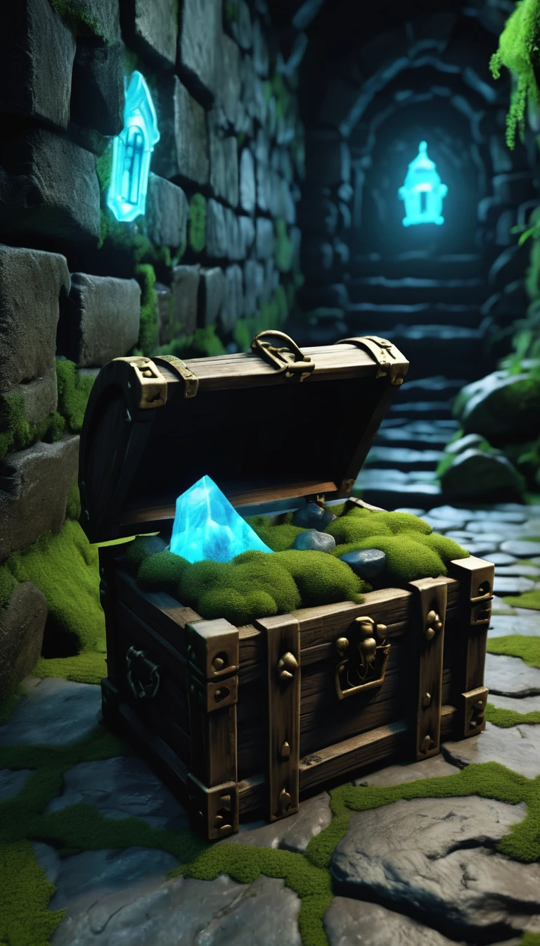 Highest quality、masterpiece、Highly detailed CG unit wallpaper、High resolution、RAW Photos、Very detailed、BREAK、dungeon of darkness、light moss、Blue glowing moss、The only light source is luminescent moss、Stone Dungeon、Wide promenade、BREAK、Treasure chest at the dead end、The treasure chest is a Mimic、Glowing Mimic、Mimic holding up a welcomeboard、
