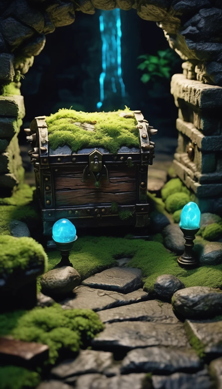 Highest quality、masterpiece、Highly detailed CG unit wallpaper、High resolution、RAW Photos、Very detailed、BREAK、dungeon of darkness、light moss、Blue glowing moss、The only light source is luminescent moss、Stone Dungeon、Wide promenade、BREAK、Treasure chest at the dead end、The treasure chest is a Mimic、Glowing Mimic、Mimic holding up a welcomeboard、