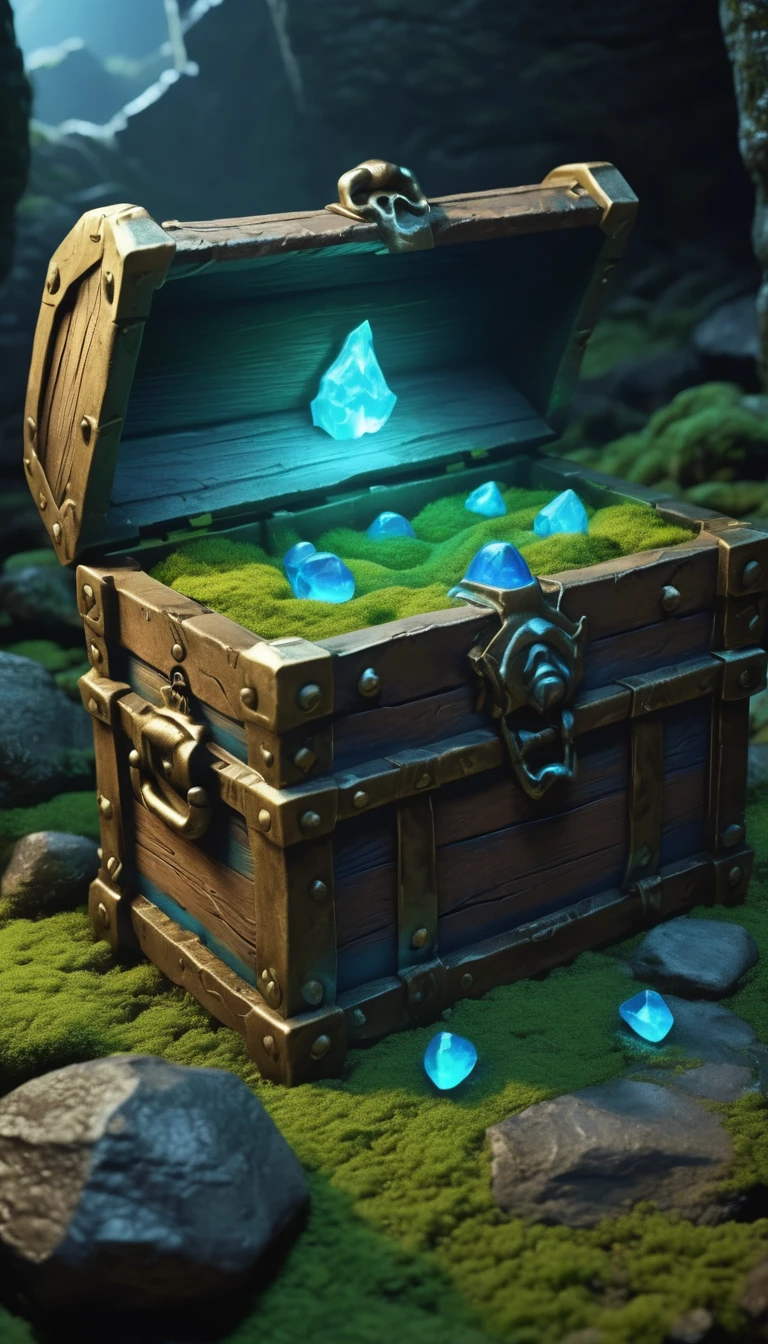 Highest quality、masterpiece、Highly detailed CG unit wallpaper、High resolution、RAW Photos、Very detailed、BREAK、dungeon of darkness、light moss、Blue glowing moss、The only light source is luminescent moss、Stone Dungeon、Wide promenade、BREAK、Treasure chest at the dead end、The treasure chest is a Mimic、Glowing Mimic、Mimic holding up a welcomeboard、