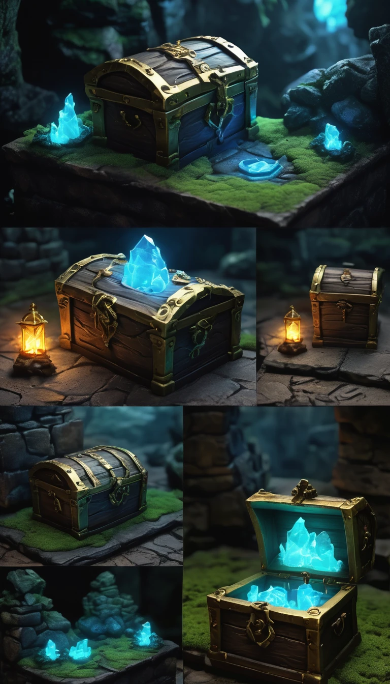 Highest quality、masterpiece、Highly detailed CG unit wallpaper、High resolution、RAW Photos、Very detailed、BREAK、dungeon of darkness、light moss、Blue glowing moss、The only light source is luminescent moss、Stone Dungeon、Wide promenade、BREAK、Treasure chest at the dead end、The treasure chest is a Mimic、Glowing Mimic、Mimic holding up a welcomeboard、