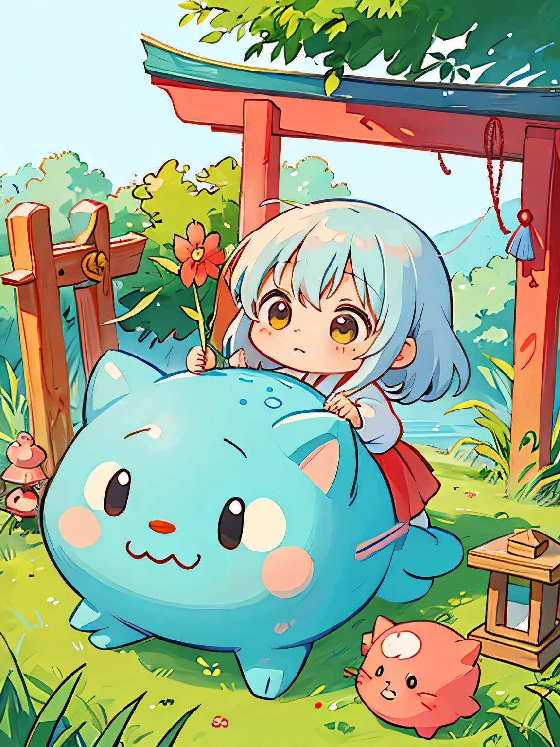 Hayao Miyazaki style、Kawaii Design, The most beautiful girl of all time、chibi, Shrine maiden, Cute and colorful amoeba