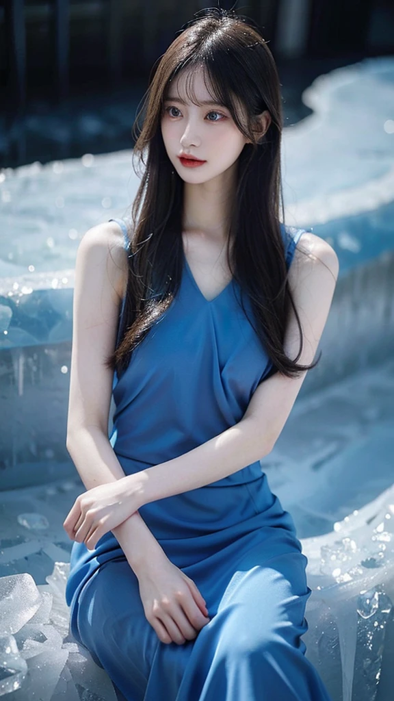 A beautiful woman in a blue dress and long hair, Her intense gaze and pale skin contrast with the cold ice landscape that surrounds her.. The detail in her dress and hair is impressive., Every fold and strand of hair is meticulously rendered in this hyper-realistic work of art..