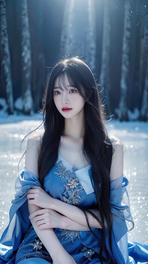 A beautiful woman in a blue dress and long hair, Her intense gaze and pale skin contrast with the cold ice landscape that surrounds her.. The detail in her dress and hair is impressive., Every fold and strand of hair is meticulously rendered in this hyper-realistic work of art..