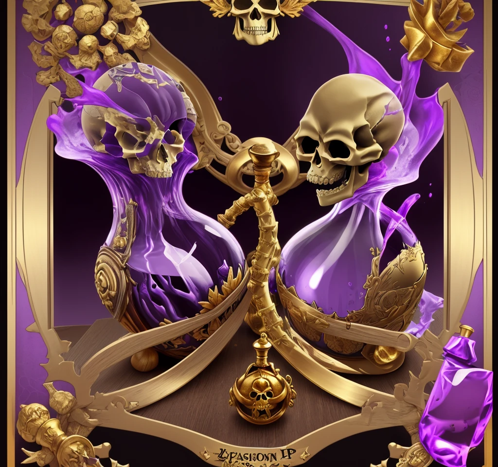 A poison bottle with purple liquid，4K，The outside of the bottle is inlaid with a gorgeous gold frame，The bottleneck is the gold inlay，Wooden stopper，The bottle has a worn skull label on it.，HD quality，High-quality posters，Game Icon，4K，