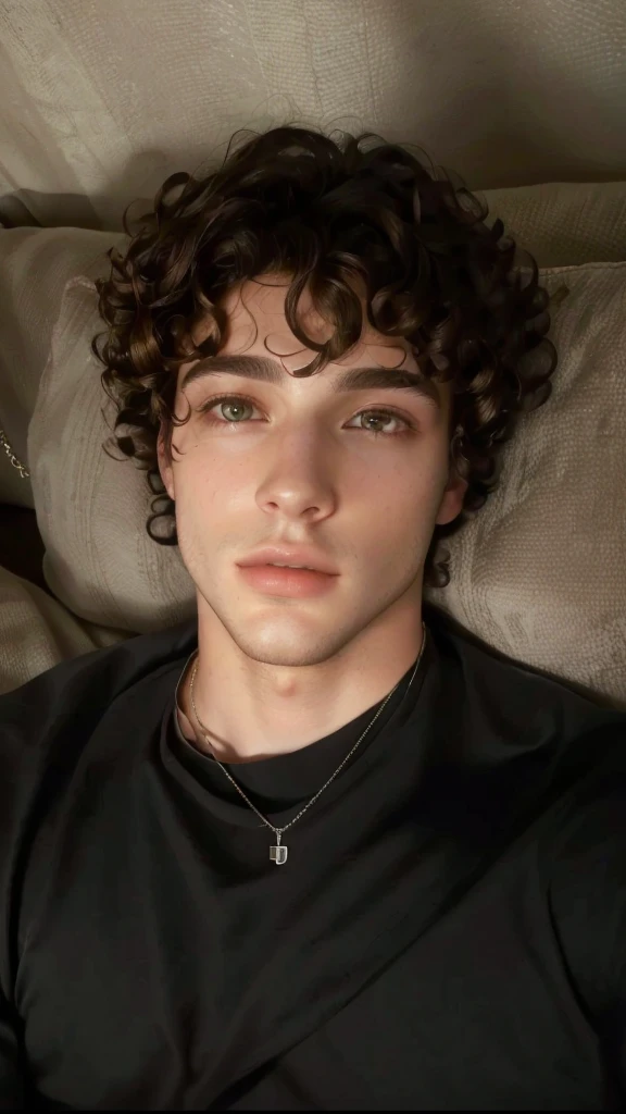 Man lying on a sofa with a necklace around his neck, he has short, curly brown hair, taken at the beginning of 2020, perfect beautiful face, beautiful face, Roberto Sheehan, looking defiantly at the camera, inspired by John Lucas, profile picture with headshot, really beautiful face!!, curls on top of the head, beautiful face