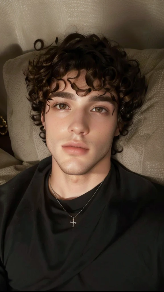 Man lying on a sofa with a necklace around his neck, he has short, curly brown hair, taken at the beginning of 2020, perfect beautiful face, beautiful face, Roberto Sheehan, looking defiantly at the camera, inspired by John Lucas, profile picture with headshot, really beautiful face!!, curls on top of the head, beautiful face