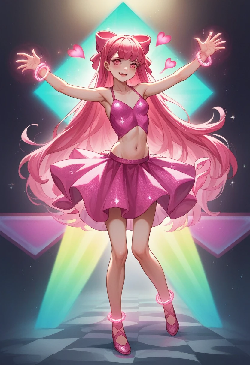 4K, 超High resolution, masterpiece, Highest quality, 1 Girl, Detailed face, Fine grain, Realistic eyelids, Damn, alone, Very long hair, Small breasts, ((Pink glitter dress)), Ankle length skirt, ((mesh )), ((Belly button)), View your viewers, Colorful sparkling crystals, Heart Sparkle, Neon glow, bloom, Ray Tracing, God's Rays, High resolution, Digital SLR, Sit on a chair,