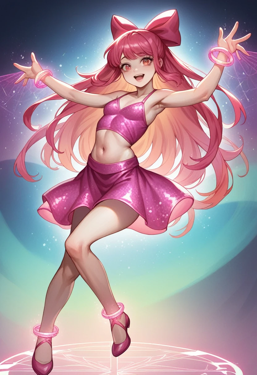 4K, 超High resolution, masterpiece, Highest quality, 1 Girl, Detailed face, Fine grain, Realistic eyelids, Damn, alone, Very long hair, Small breasts, ((Pink glitter dress)), Ankle length skirt, ((mesh )), ((Belly button)), View your viewers, Colorful sparkling crystals, Heart Sparkle, Neon glow, bloom, Ray Tracing, God's Rays, High resolution, Digital SLR, Sit on a chair,