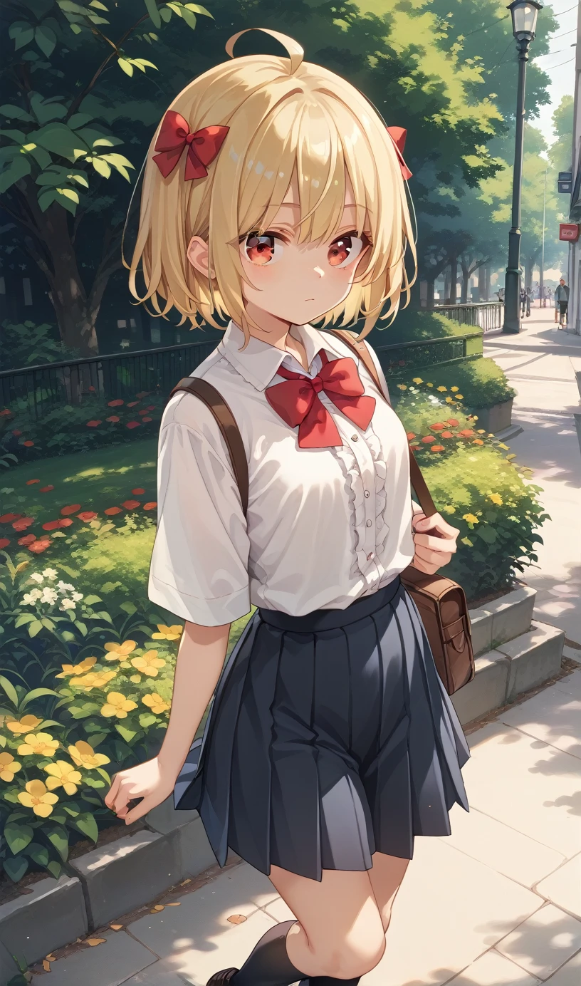 hiyori-default,Red eyes,Blonde, Double Bang,Ahoge,, Red Bow,Frills,shirt,Pleated skirt,Frillsスカート,  Black socks,Loafers Background Park,noon