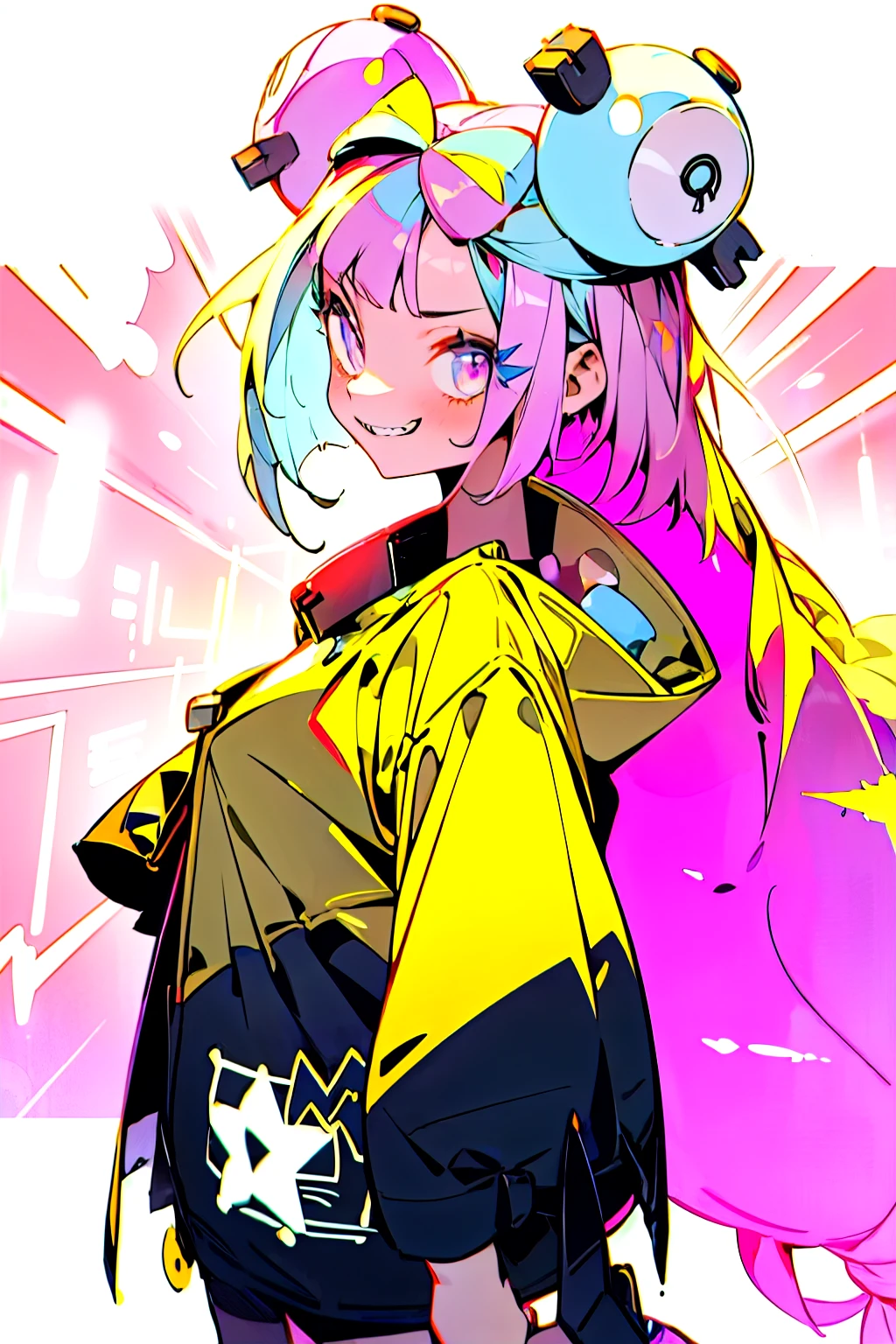 1girl, pop, neon lights, looking at another, vector illustration, jacket, smirk, blunt bangs, long hair, hair ornaments, Practical Lighting, poke ball \(basic\)
