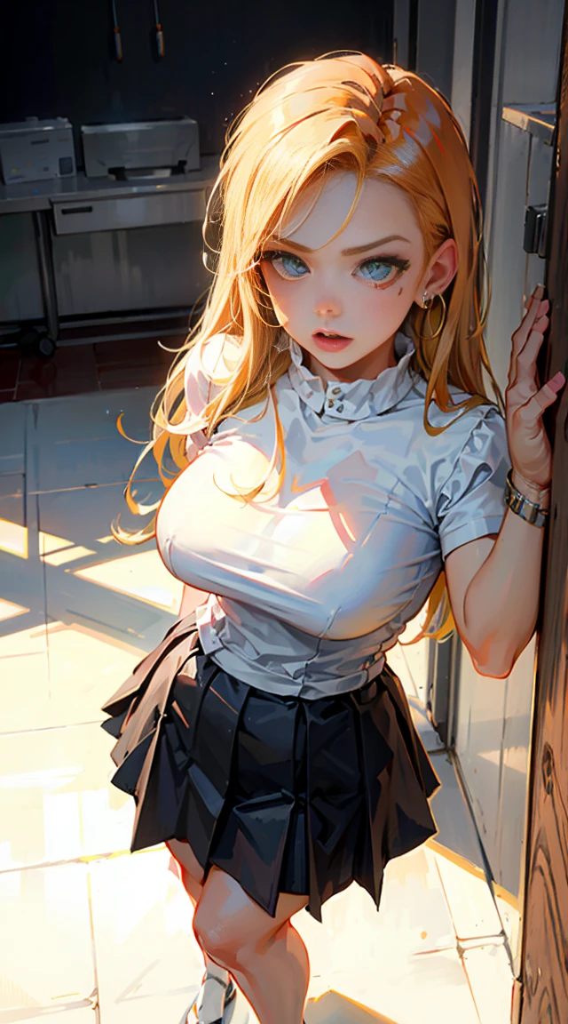 8k,masterpiece, bset quality,big, (1 girl), Kim Possible, green_eyes, orange hair, long hair, professional lighting, (shiny skin: 1.2), shiny big, ((best quality)), sharp focus: 1.2, highly detailed face and skin texture, detailed eyes, perfect face, perfect body, blur art, cg, background, Big breasts, presence (20yo, mature cool and beautiful face), wearing ((blue skirt), white taut shirt, thilush, (mittgal), random pose, top view, perfect eye, angry face