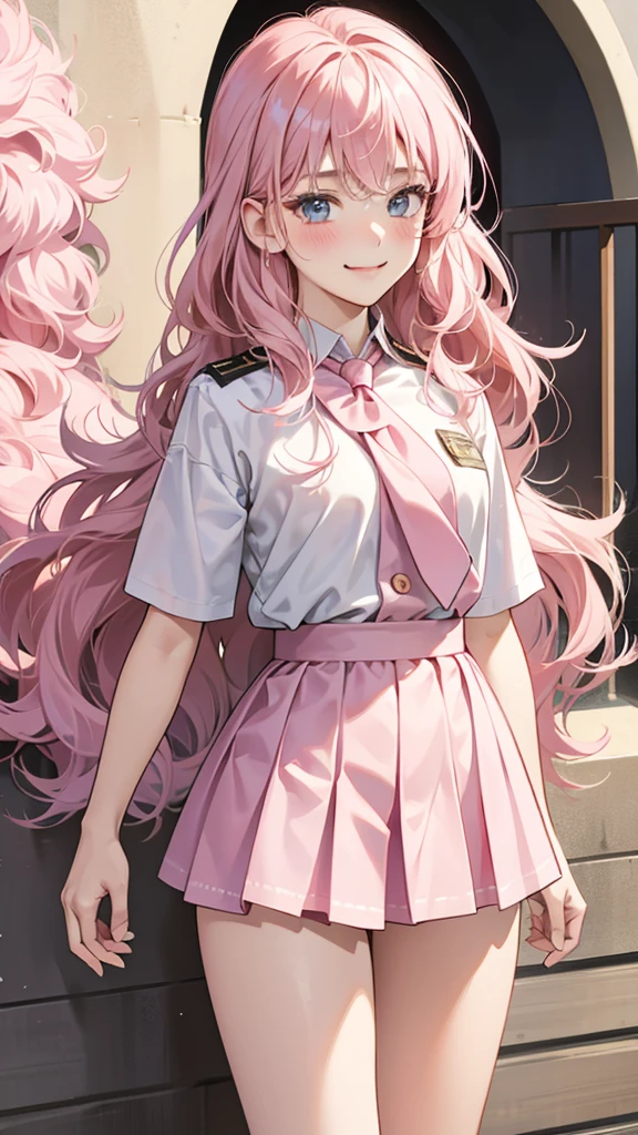 18-year-old、high school girl、smug face、Fluffy wavy hair、Gal、Pink Hair、blush、smug face、Short sleeve、White Uniform、Pink Skirt、Mature、eight-headed body、Beauty、Full body portrait、Standing pose