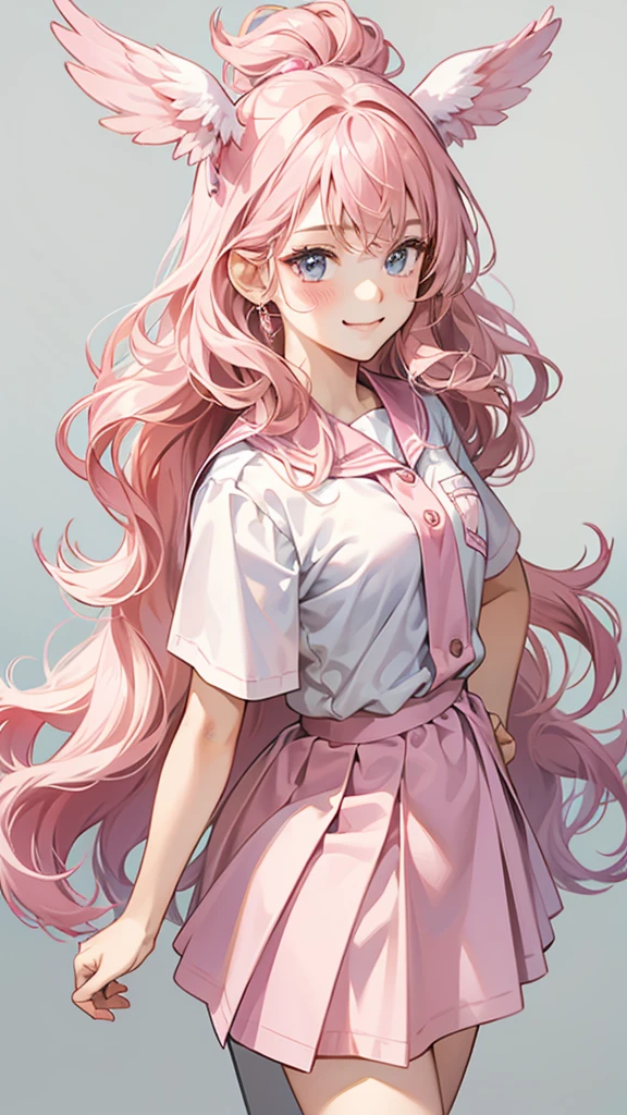 18-year-old、high school girl、smug face、Fluffy wavy hair、Gal、Pink Hair、blush、smug face、Short sleeve、White Uniform、Pink Skirt、Mature、eight-headed body、Beauty、Full body portrait、Standing pose